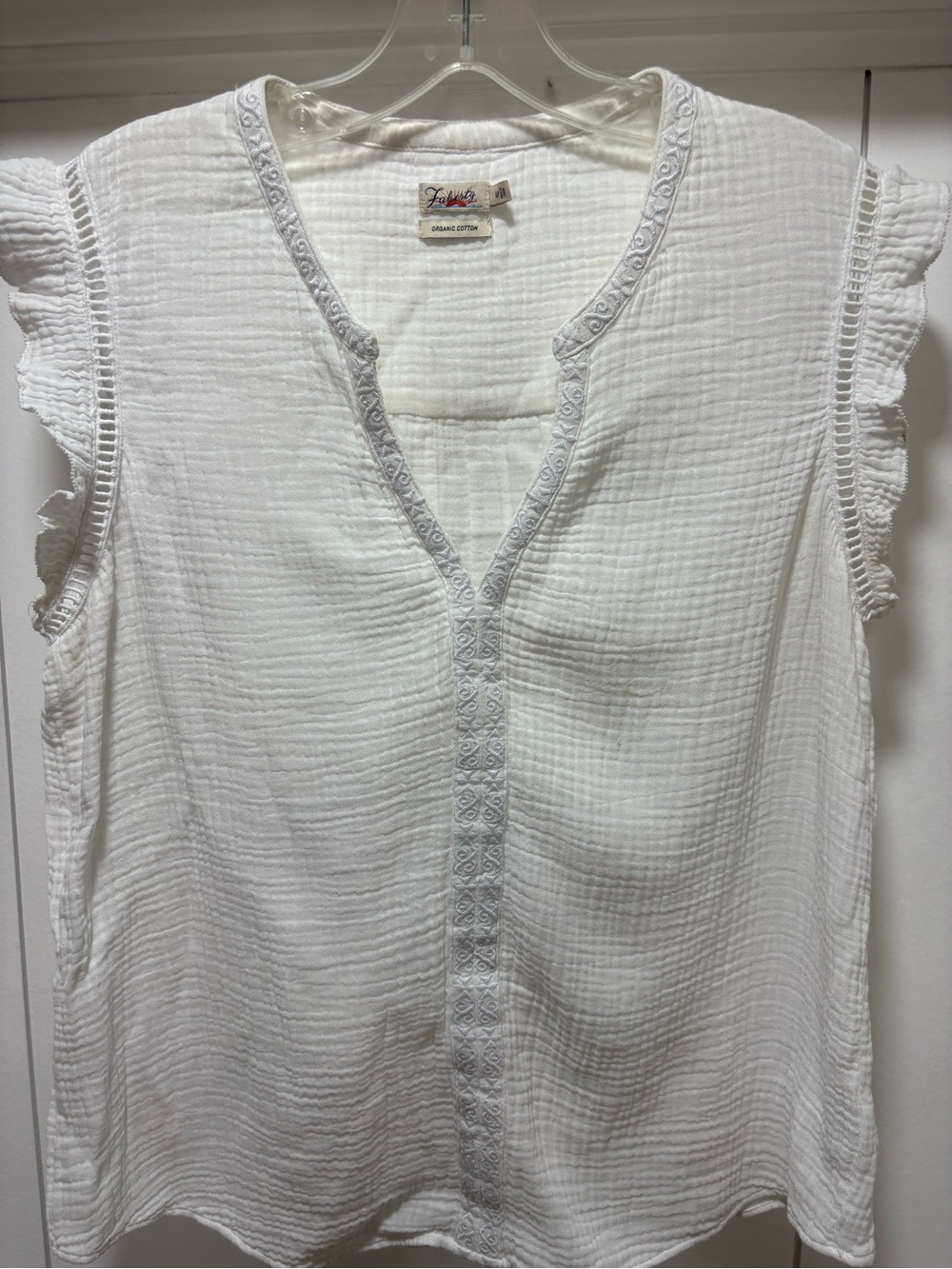 Faherty Blouse Womens Medium White Organic Cotton Boho V-neck Sleeveless Ruffle